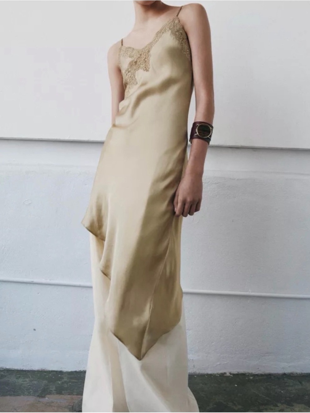 ZARA Asymmetrical Lace Satin Slip Dress Champagne Beige Wedding Party XS
